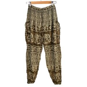 Boho Pants Womens Large Elephant Smocked Waist Rayon Baggy Indie Harem Tribal